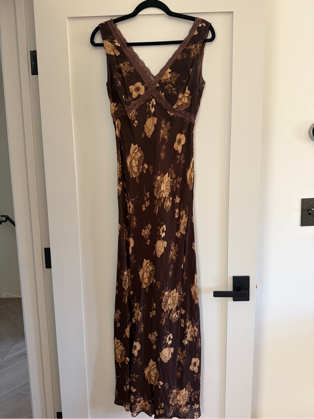 Vintage 1990s ABS Brown Floral Lace Trim Dress in a uk 8.